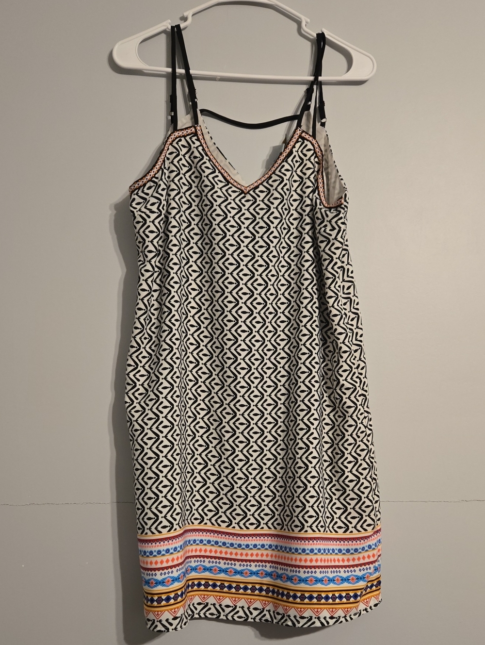 Skies Are Blue Sleeveless Geo Print Slip Dress with Colorful Details, Large